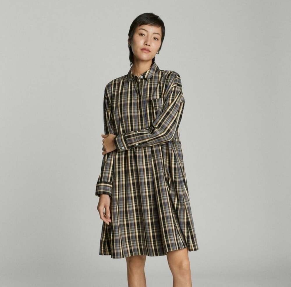 NWT Everlane Plaid Field Dress Brown Blue Prairie Shirtdress - Small